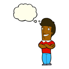 cartoon man with folded arms grinning with thought bubble