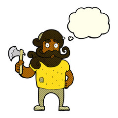 cartoon lumberjack with axe with thought bubble