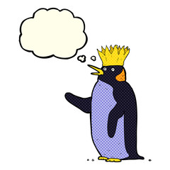 cartoon emperor penguin waving with thought bubble