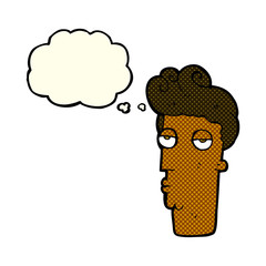 cartoon bored man's face with thought bubble