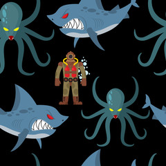 Diver in old diving suit and sea monsters seamless pattern. Wick