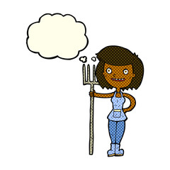 cartoon happy farmer girl with thought bubble