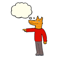 cartoon fox man pointing with thought bubble