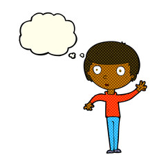 Obraz premium cartoon waving boy with thought bubble