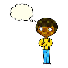 cartoon staring boy with folded arms with thought bubble