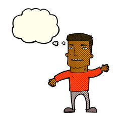 cartoon waving stressed man with thought bubble