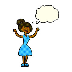 cartoon woman with raised arms with thought bubble