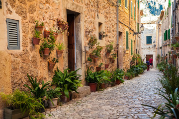 Obraz na płótnie Canvas heaps of flower pots in small village Valldemossa