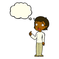 cartoon woman giving thumbs up symbol with thought bubble