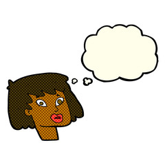 cartoon pretty female face with thought bubble