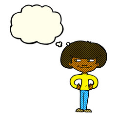 cartoon boy with hands on hips with thought bubble