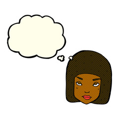 cartoon annoyed female face with thought bubble