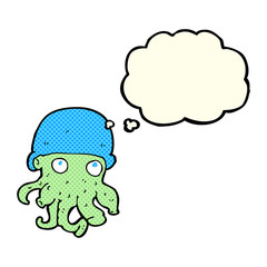 cartoon alien head wearing hat with thought bubble