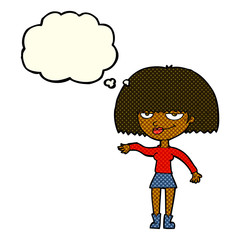 cartoon smug woman making dismissive gesture with thought bubble