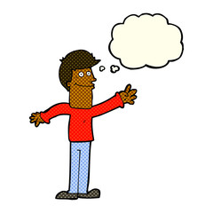 cartoon happy man waving with thought bubble