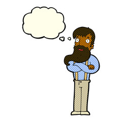 cartoon bearded hipster man with thought bubble