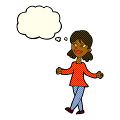 cartoon woman with no worries with thought bubble