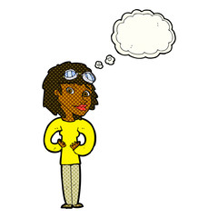 cartoon aviator woman with thought bubble