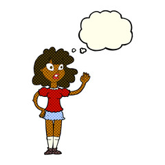 cartoon worried woman waving with thought bubble