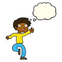 cartoon excited boy dancing with thought bubble