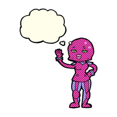 cartoon female astronaut with thought bubble