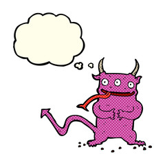cartoon little demon with thought bubble
