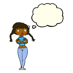 cartoon offended woman covering herself with thought bubble
