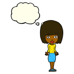 cartoon woman shrugging shoulders with thought bubble
