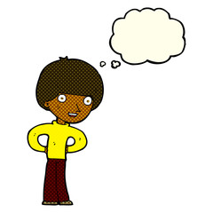 cartoon happy boy with hands on hips with thought bubble