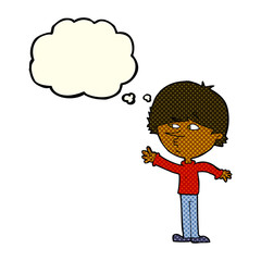 cartoon worried man reaching with thought bubble