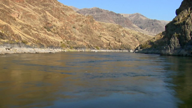 A jet boat moves up the Snake River in Idaho.