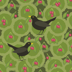birds in a cherry tree with ripe fruits, seamless vector illustration