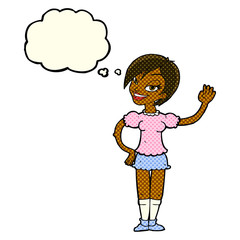 cartoon waving woman with thought bubble