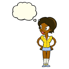 cartoon happy woman in short skirt with thought bubble