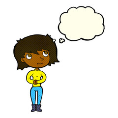cartoon friendly woman with thought bubble