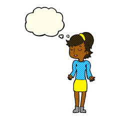 Obraz premium cartoon woman shrugging shoulders with thought bubble