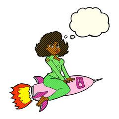 cartoon army pin up girl riding missile with thought bubble