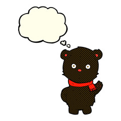 cartoon waving black bear cub with thought bubble