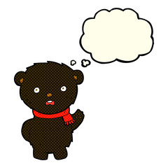 cartoon black bear wearing scarf with thought bubble