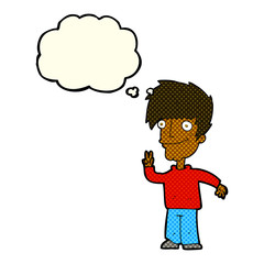 cartoon man giving peace sign with thought bubble