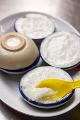 Thai pudding with coconut milk topping, Thai dessert.