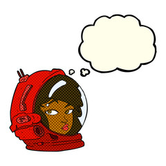 cartoon female astronaut with thought bubble