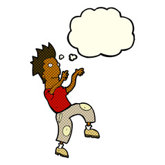 cartoon happy man doing funny dance with thought bubble