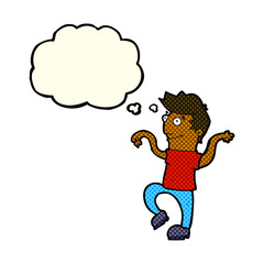 cartoon happy man doing funny dance with thought bubble