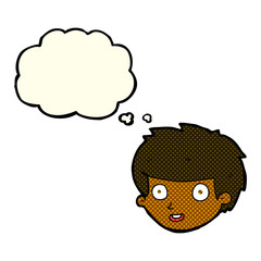 cartoon happy boy's face with thought bubble