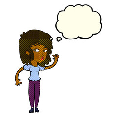 cartoon pretty woman waving with thought bubble