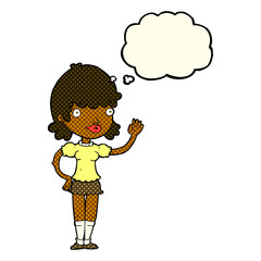 cartoon waving woman with thought bubble