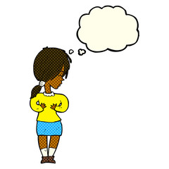 cartoon shy woman with thought bubble