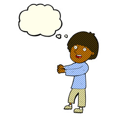 cartoon happy man showing with thought bubble
