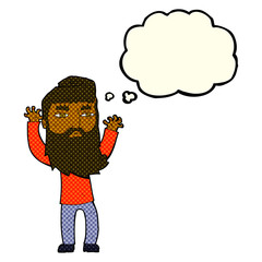 cartoon bearded man waving arms with thought bubble